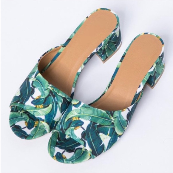 Palm Print Tropical Leaf Mule Slip On Shoes - Picture 3 of 3